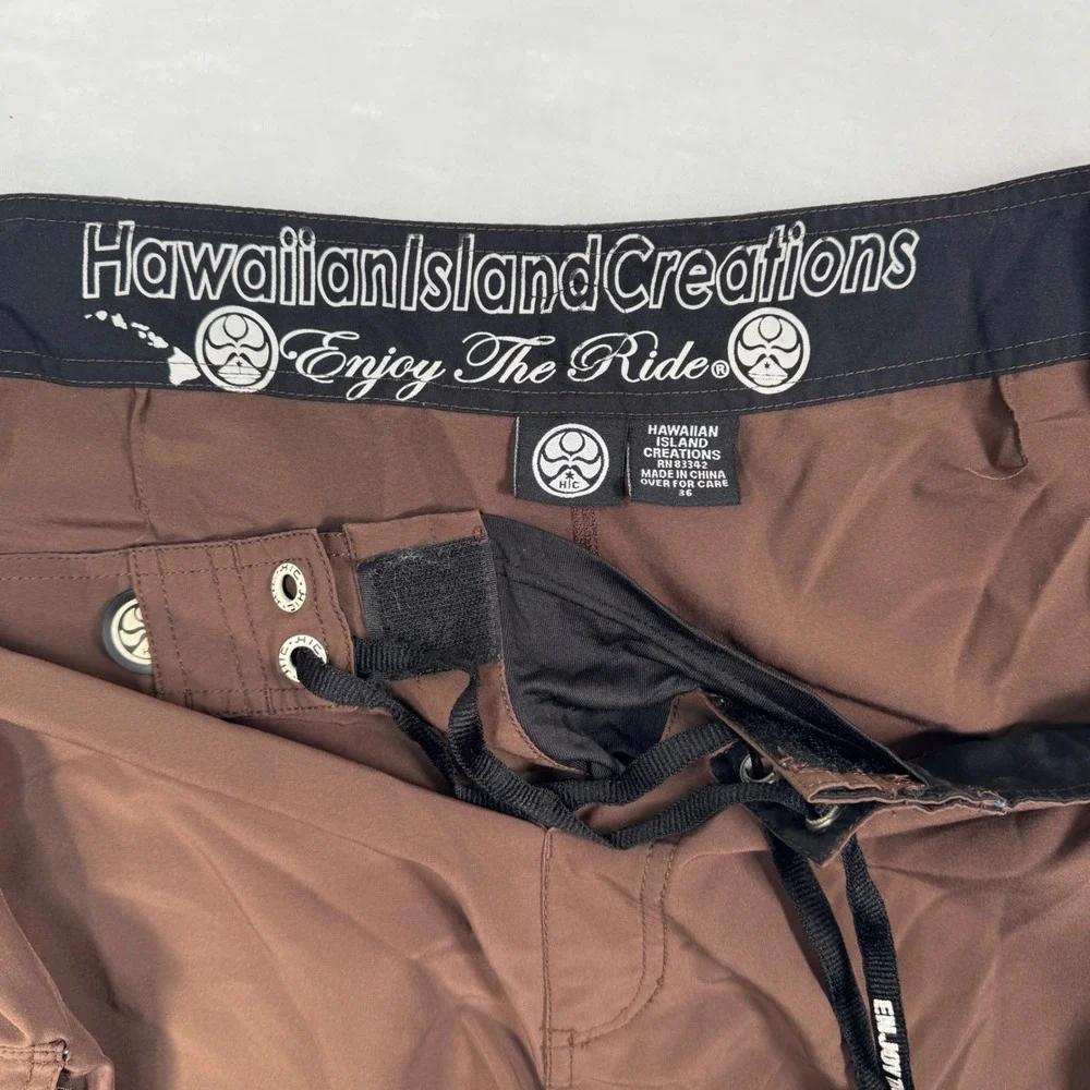Hawaiian Island Creations HIC Brown Board Shorts Men's 36 Surf Swim Trunks Y2K